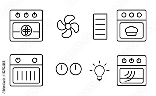 Kitchen appliance icon set – outline style household and cooking symbols for culinary tools and equipment: oven, fan, light, stove knobs, control panel, grill rack
