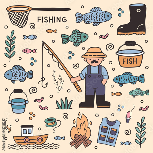 Set of hand drawn doodle fishing elements. Outdoor recreation concept. Flat vector illustration