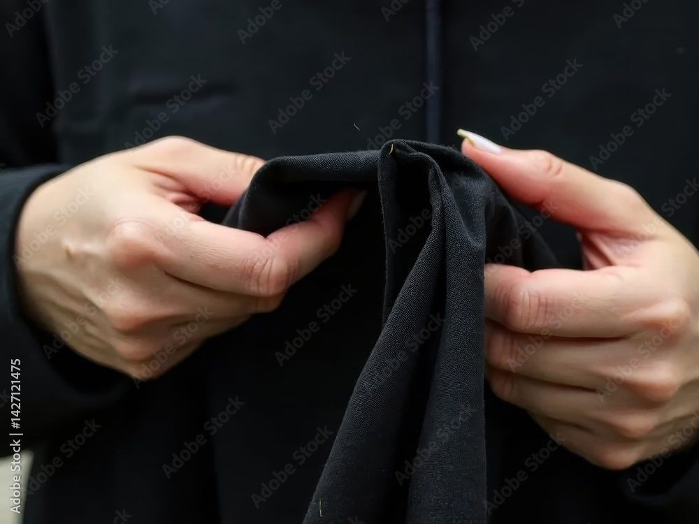 Close up of a woman's hands as she sews a black banner, embodying dedication for the Ashura celebration.