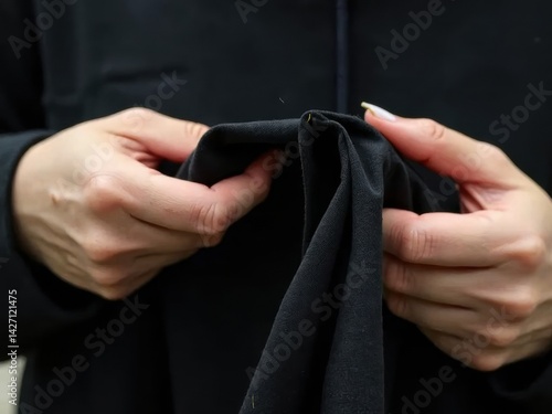 Obraz na płótnie Close up of a woman's hands as she sews a black banner, embodying dedication for the Ashura celebration. w salonie