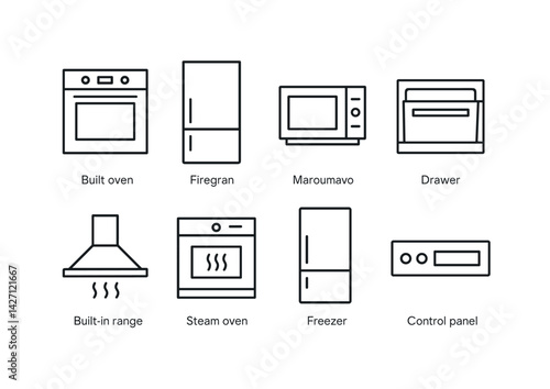 Kitchen appliance icon set – outline style household electronics and cooking tools for home design: oven, refrigerator, microwave, dishwasher, range hood, steamer, freezer