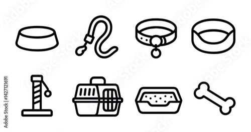 Pet care linear icons set – outline style animal and pet management symbols for accessories and essentials: food bowl, leash, collar, scratching post, pet carrier, litter box, bone