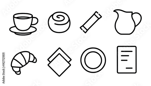 Breakfast outline icon set – linear style morning meal symbols for cafes, diners, and home: coffee cup, croissant, plate, napkin, biscuit, menu, jug