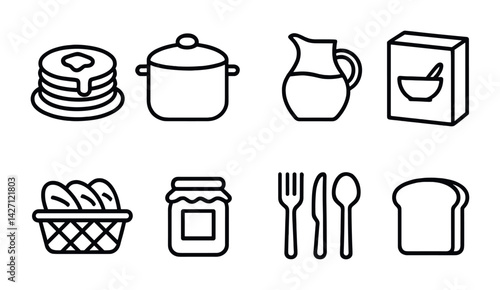 Breakfast and kitchen outline icon set – simple style for morning meals and cooking essentials: pancakes, pot, pitcher, cereal box, bread, jar, cutlery