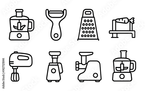 Kitchen appliances icon set – outline style cooking and food preparation symbols: blender, peeler, grater, slicer, mixer, juicer, processor