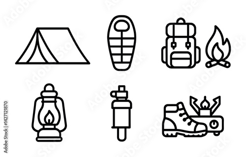 Camping adventure icon set – outline style outdoor exploration symbols for nature trips, hiking gear, and survival tools: tent, sleeping bag, backpack, campfire, lantern