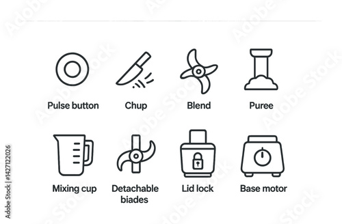 Kitchen appliance line icon set – outline kitchen gadget symbols for cooking, blending, and food prep: pulse button, chopping knife, blender blade, mixing cup, detachable blades, lid lock, base motor
