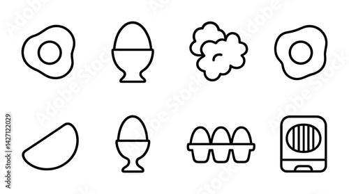 Egg preparation icon set – line style breakfast cooking symbols for culinary design, food art, kitchen tools: fried egg, egg cup, egg carton, omelette, egg slicer, scrambled eggs, poached egg