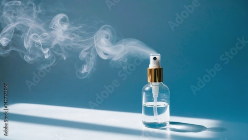Obraz na płótnie A bottle of hand sanitizer with a blue background, emphasizing its simplicity and the importance of hygiene. This image can be used to represent cleanliness products or promotions. w salonie