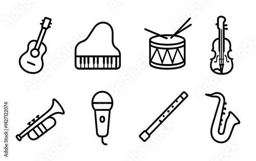 Music instruments icon set – outline style musical symbols for audio and performance: guitar, piano, drum, violin, trumpet, microphone, flute, saxophone