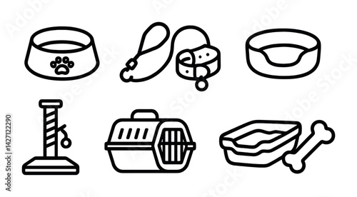 Pet care icon set – outline style animal care and accessories symbols for pet lovers and veterinary needs: food bowl, collar, bed, scratching post, carrier, litter box, bone