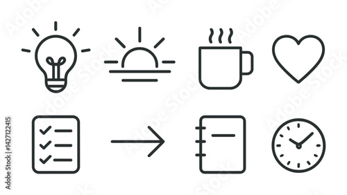 Productivity and motivation icon set – outline style symbols for daily motivation and work focus: light bulb, sunrise, coffee mug, heart, checklist, arrow, notebook, clock
