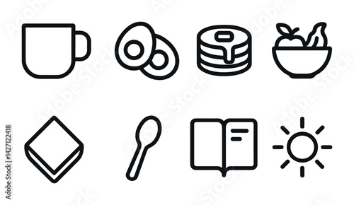 Breakfast and food outline icon set – linear style morning meal symbols for kitchen, cooking, and dining: coffee mug, eggs, pancakes, fruit bowl, napkin, spoon, book, sun