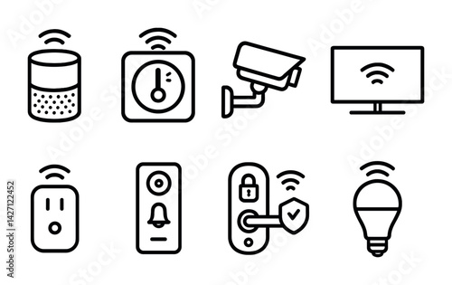Smart home technology icon set – linear style symbols for connectivity, security, and automation: smart speaker, thermostat, cctv camera, smart tv, power outlet, doorbell, door lock, smart bulb