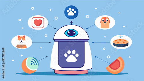 A feeder with builtin cameras and facial recognition technology allowing owners to monitor their pets eating habits and track their weight and overall. Vector illustration