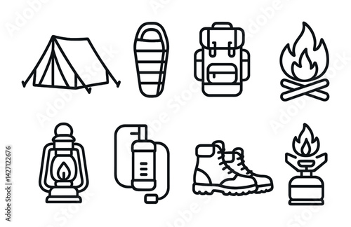 Camping and outdoor activities icon set – outline style symbols for adventure and nature enthusiasts: tent, sleeping bag, backpack, campfire, lantern, thermos, boots, stove