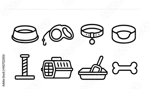 Pet care icon set – outline style symbols for animal supplies, accessories, and equipment: bowl, leash, collar, bed, scratching post, carrier, litter box, bone