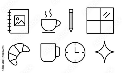Cafe and bakery outline icon set – linear coffee shop and pastry symbols for menu design and branding: coffee cup, notebook, pastry, window, pencil, clock, sparkle