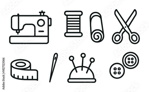 Sewing and tailoring icon set – outline style stitching and haberdashery symbols for fashion design, needlework, and crafting: sewing machine, thread, fabric roll, scissors, measuring tape, needle,