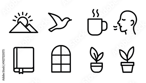 Nature and lifestyle icon set – outline style symbols for everyday use and environmental elements: sun and mountain, bird, coffee cup, face, book, window, plant
