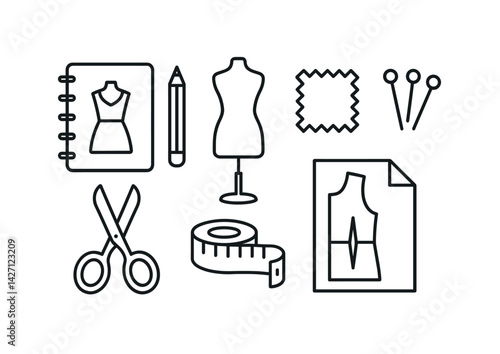 Fashion design icon set – outline style sketching and sewing symbols for tailoring and garment making: dress form, scissors, measuring tape, pattern, pencil, fabric swatch, pins