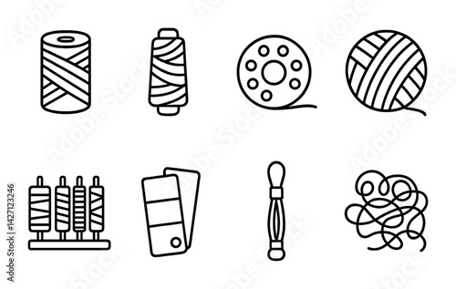 Yarn and textile line icon set – outline style crafting and sewing symbols for fabric artistry and design: spool, thread, bobbin, yarn ball, color swatch, needle, tangle