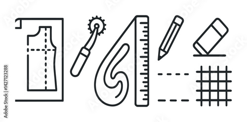 Sewing tools icon set – outline style crafting and tailoring symbols for fashion design, dress pattern, sewing machine, thread, needle, scissors, measuring tape, button