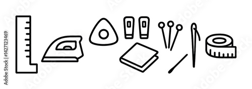 Sewing and tailoring icon set – outline style crafting and fashion design symbols for garment creation, stitching, and alteration: ruler, iron, fabric, needle, thread, thimble, scissors