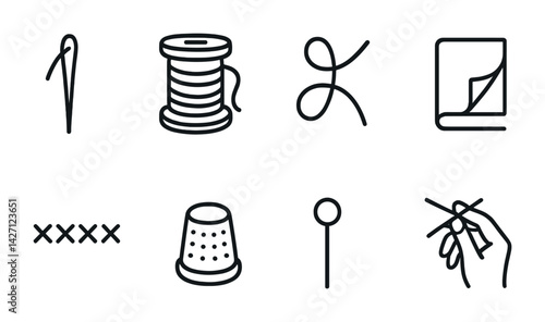 Sewing and tailoring icon set – line style textile and garment design symbols: needle, thread spool, stitch, pattern, cross stitch, thimble, pin, hand sewing