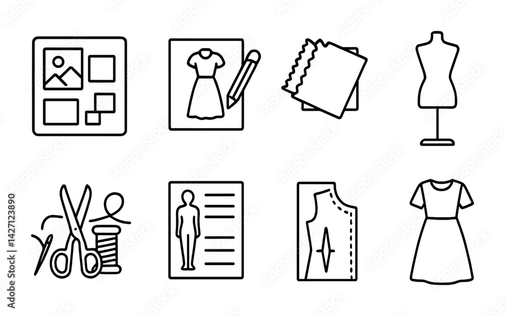 Fashion design line icons set – outline style sewing and tailoring symbols for diy crafting and clothing design: dress form, sewing machine, fabric swatches, scissors, dress pattern, textile,