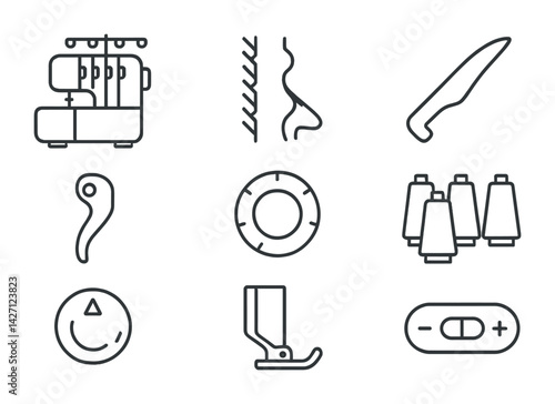 Sewing and tailoring icon set – outline style stitching and crafting symbols for fashion design, garment making, and textile creation: sewing machine, needle, thread, scissors, thimble, spool,
