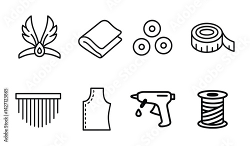 Sewing and crafting icon set – line style tailoring and diy symbols for garment creation, needlework, and sewing projects: thread, tape measure, buttons, scissors, glue gun, fabric roll, pattern,