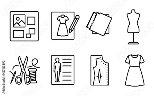 Obraz na płótnie Fashion design line icons set – outline style sewing and tailoring symbols for diy crafting and clothing design: dress form, sewing machine, fabric swatches, scissors, dress pattern, textile, w salonie