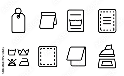 Laundry and garment care icon set – outline style symbols for clothing maintenance, washing instructions, textile care: label, iron, wash icons, fabric instructions