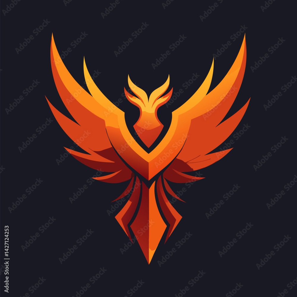 Fototapeta premium Phoenix Rising: A vibrant illustration of a phoenix bird with outstretched wings, rendered in warm hues of orange and gold, symbolizing rebirth, renewal, and resilience against a dark background.