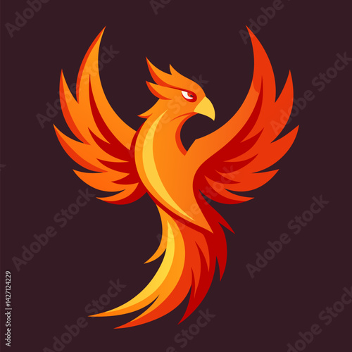 Fiery Phoenix Rising: A majestic phoenix, its plumage ablaze in fiery orange and yellow hues, soars against a dark background, symbolizing rebirth and renewal.