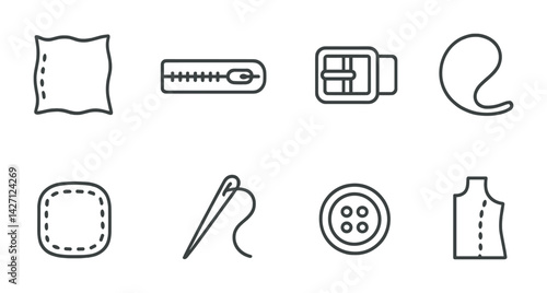 Sewing and tailoring icon set – outline style stitching symbols for fashion design, crafting, and apparel: needle, thread, button, zipper, fabric, pattern, buckle, pillow