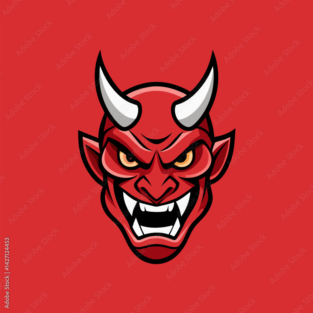 Obraz premium Devilish Red Demon Head: A menacing demon head with sharp horns, glowing eyes, and bared teeth fills the frame against a fiery red background, evoking a sense of primal power and darkness. 