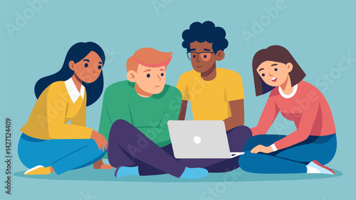 A group of college friends sat huddled around a laptop stressed expressions as they try to figure out how to split their shared rent and utility. Vector illustration