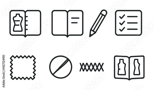 Fashion design linear icon set – outline style apparel creation and textile symbols: dress form, fabric swatch, pencil, pattern book, seam, checklist, no entry