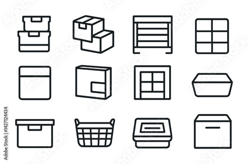 Storage and organization line icon set – modern minimalist symbols for space management, household, and office: boxes, shelves, baskets, containers, dividers, drawers, bins