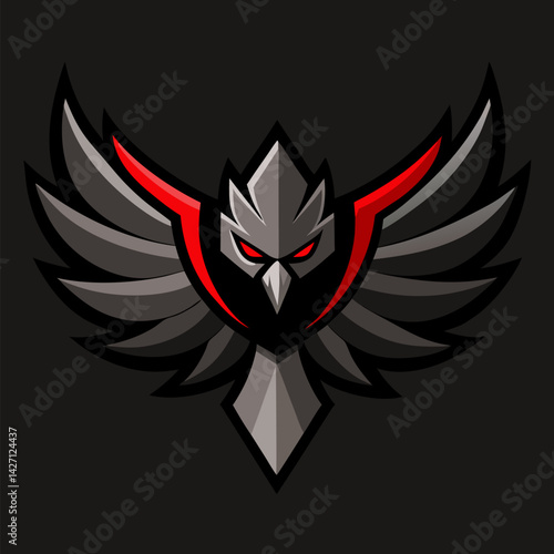 Mystic Winged Emblem: An intense and intricate emblem showcasing a stylized winged creature with sharp, geometric forms, and a commanding presence.  