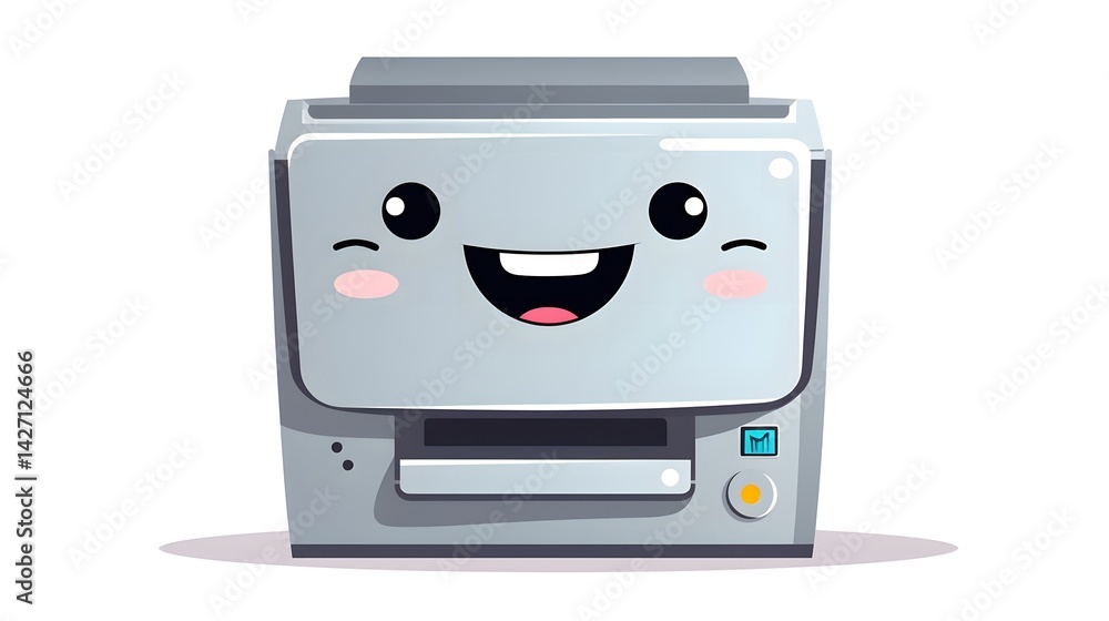 Fototapeta premium Playful grey printer printing and smiling, symbolizing technology, creativity, office equipment, gadgets