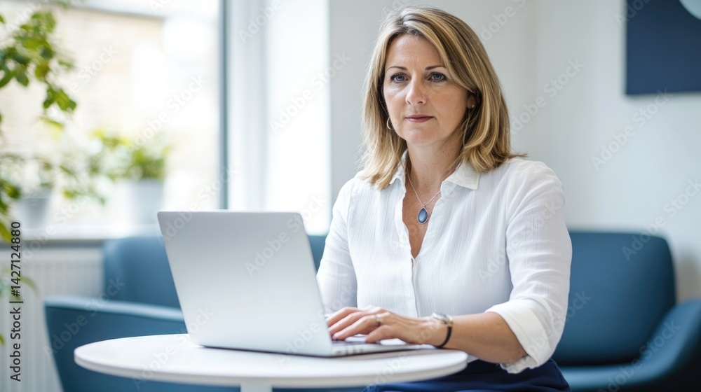 A middle-aged woman sits at a table using a laptop in a bright, modern office. A middle-aged woman sits at a table using a laptop in a bright, modern office.