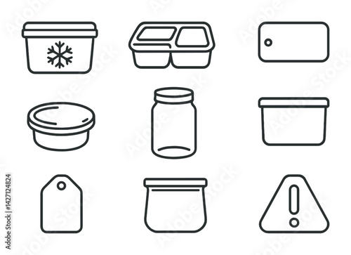 Food storage icon set – linear kitchen and organization symbols for freezer, containers, jars, labels, lids, tags, warning signs, bins