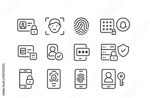 Biometric security icons set – outline style for identity verification and data protection: facial recognition, fingerprint, password, lock, keypad, shield, mobile access, key
