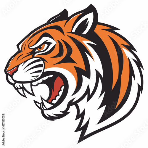Fierce Tiger Head: A striking, graphic representation of a tiger head in profile, showcasing its bold stripes, sharp fangs, and intense gaze.