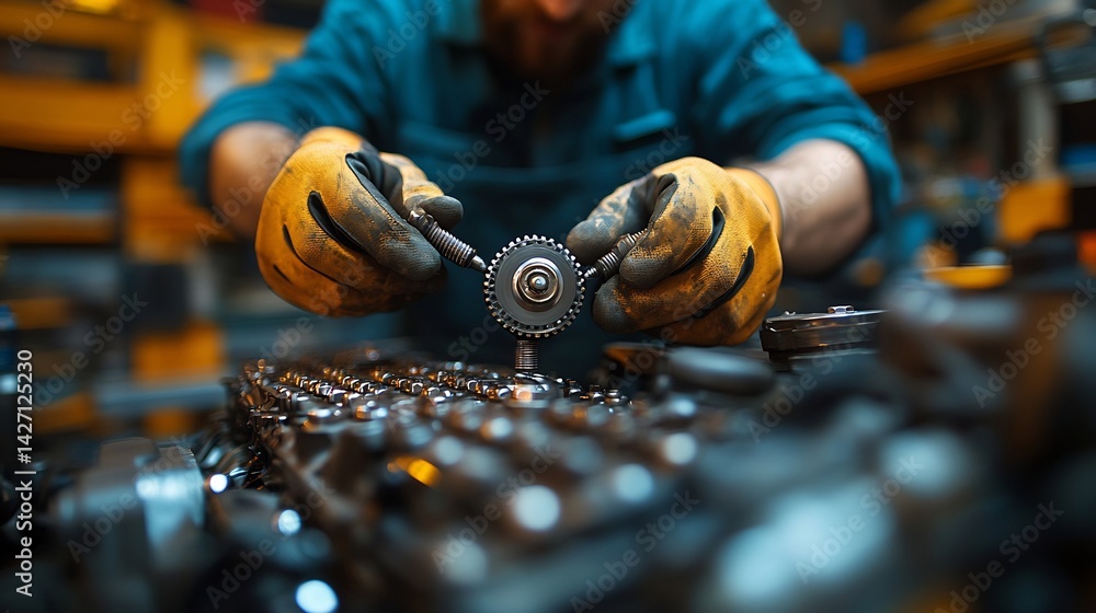 Overhead shot of mechanic tightening bolts on an engine in a candid behind the scenes look Overhead shot of mechanic tightening bolts on an engine in a candid behind the scenes look