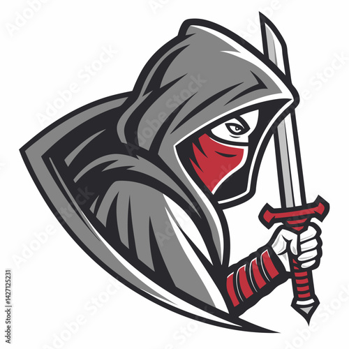 Shadow Warrior: A mysterious figure shrouded in a hooded cloak, brandishing a gleaming sword, embodying the essence of stealth and power.