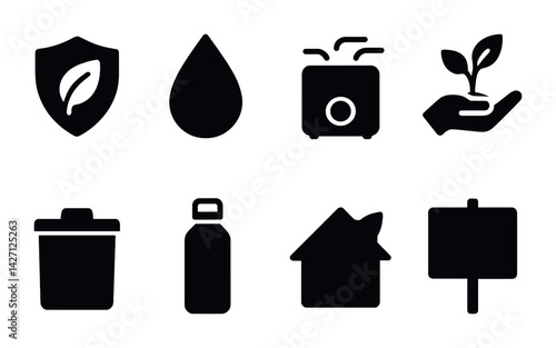 Environmental conservation icon set – silhouette style eco-friendly symbols for sustainability, recycling, and earth protection: leaf, water drop, compost bin, globe, plant, house